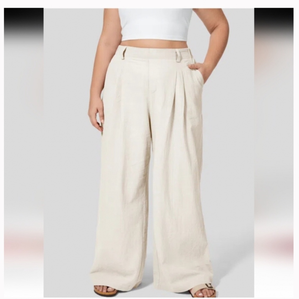 High Waisted Pocket Wide Leg Flowy Solid Palazzo Casual Linen-Feel Pants